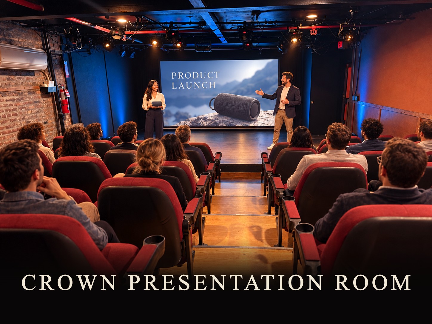 Product launch presentation in the Crown Presentation Room, 56 seats, 4K projector and 150-inch screen, Producers' Club NYC near Times Square
