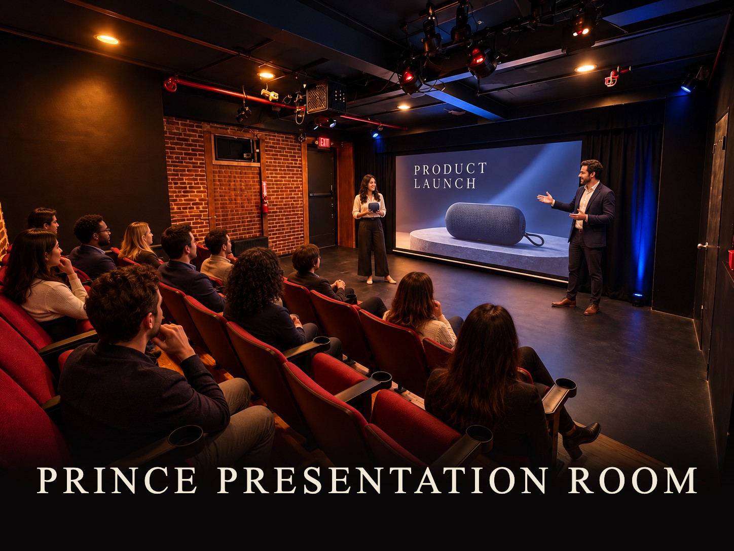 Product launch presentation in the Prince Presentation Room, 27 seats, 4K projector and 150-inch screen, Producers' Club NYC near Times Square