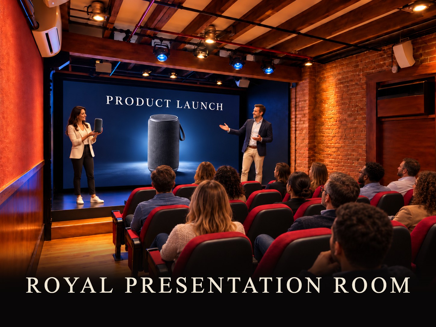 Product launch presentation in the Royal Presentation Room, 45 seats, 4K projector and 180-inch screen, Producers' Club NYC near Times Square